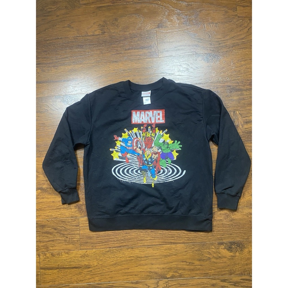 Marvel Kids XL Black Avengers Superhero Graphic Sweatshirt Retro Comic Pullover‎